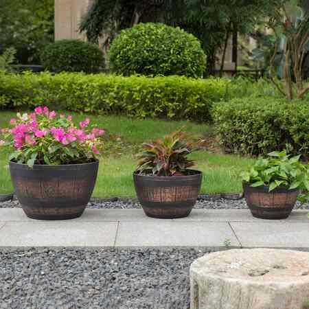 Gardenised Brown Outdoor Rustic Half Barrel Flower Garden Planter Bowl, Plastic, Set of 3 QI004113.3
